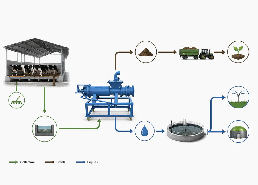 Full-Chain Livestock Manure Management System Workflow Complete manure management system workflow showing barn scraping, solid-liquid separation, solids transport, and liquid storage tank for biogas or irrigation
