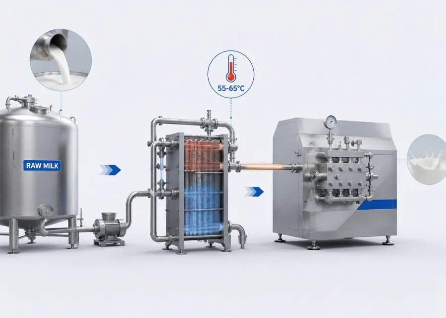 Milk Preheating and Homogenization Sequence Industrial process flowchart showing raw milk being preheated in a plate heat exchanger to 55-65°C before entering a high-pressure homogenizer.