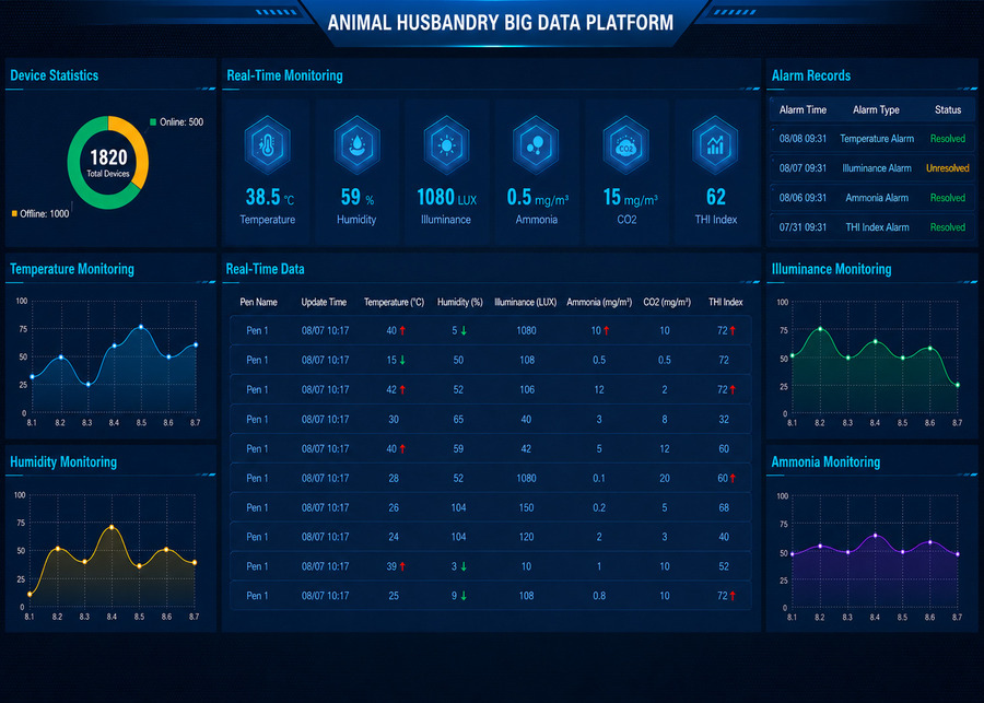 NexAgri precision farming dashboard displaying real-time barn environmental data including temperature, THI index, and automated ammonia alarm records for commercial goat pens.