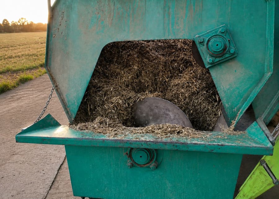 A heavy-duty NexAgri TMR mixer actively blending chopped forage and baking soda to ensure complete ration homogeneity for dairy goats.