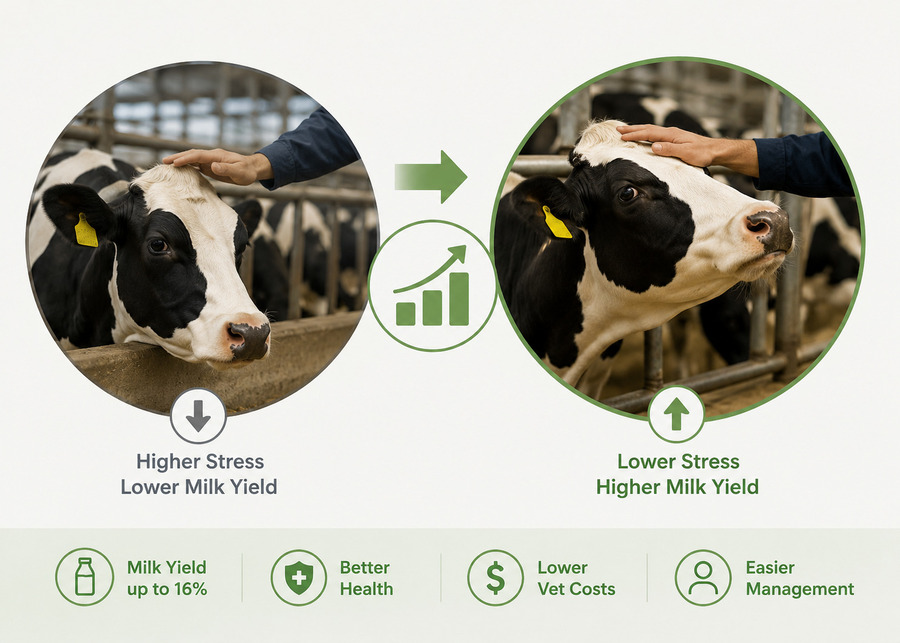 The ROI of Cow Comfort: How Lowering Stress Boosts Milk Yield Infographic comparing dairy cow stress levels and farm ROI, showing that lower stress and positive touch lead to up to 16% higher milk yield, lower vet costs, and easier management