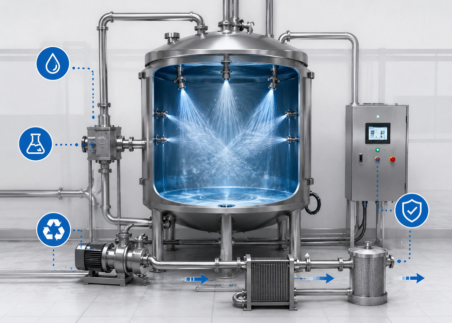 A technical 3D diagram illustrating the comprehensive 360-degree cleaning coverage and fluid velocity of an automated CIP system inside a dairy processing tank.