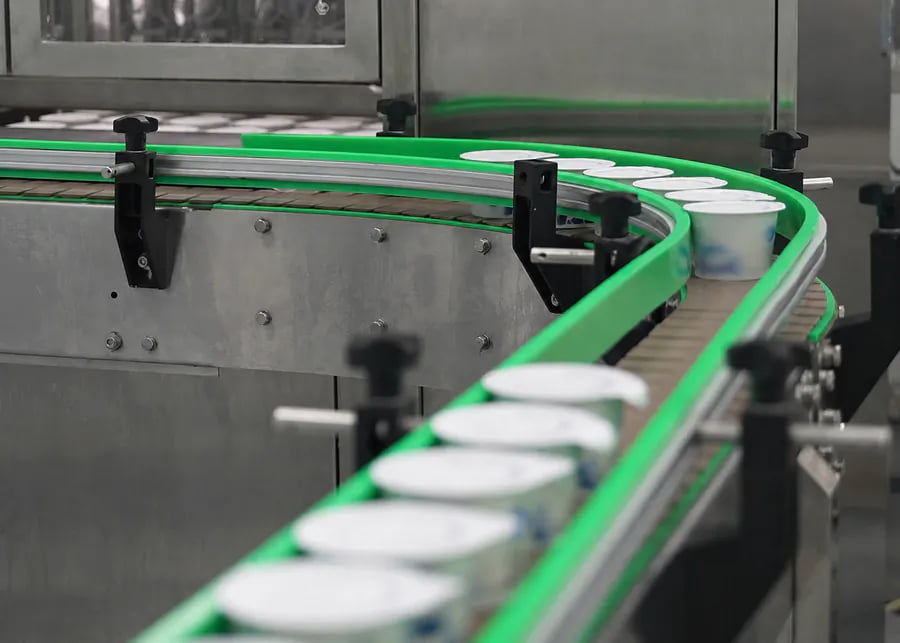 Automated industrial conveyor line transporting packaged yogurt cups in a commercial dairy processing plant