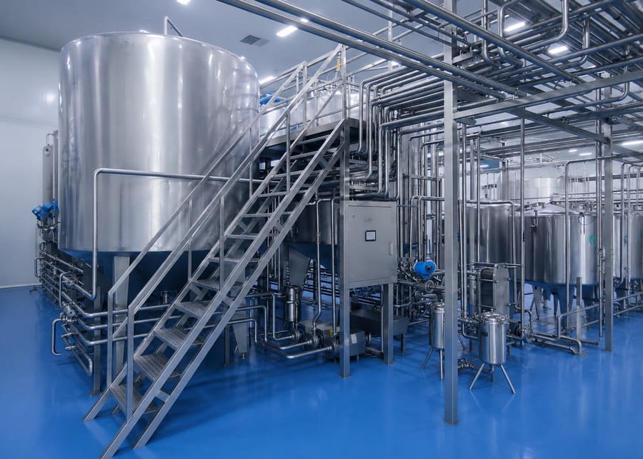 Modern automated dairy processing line with stainless steel tanks and piping matrix
