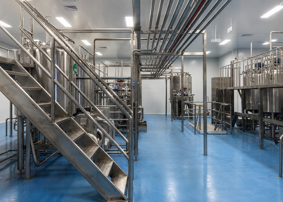 A complete stainless steel dairy processing line inside a modern milk factory showcasing automated processing equipment and piping