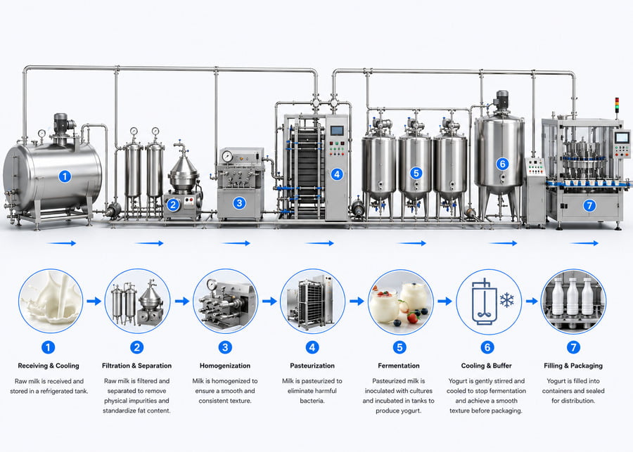 Milk Processing Flowchart Conceptual 3D process flow diagram illustrating a turnkey dairy production line from raw milk receiving to fermentation and rotary cup packaging.