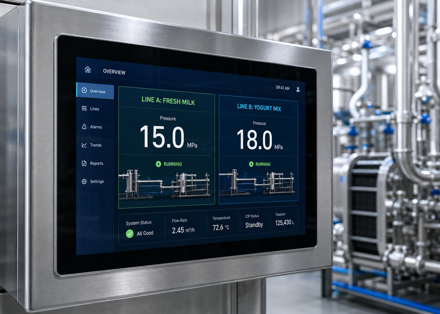 homogenizer pressure settings chart on dairy production line HMI screen