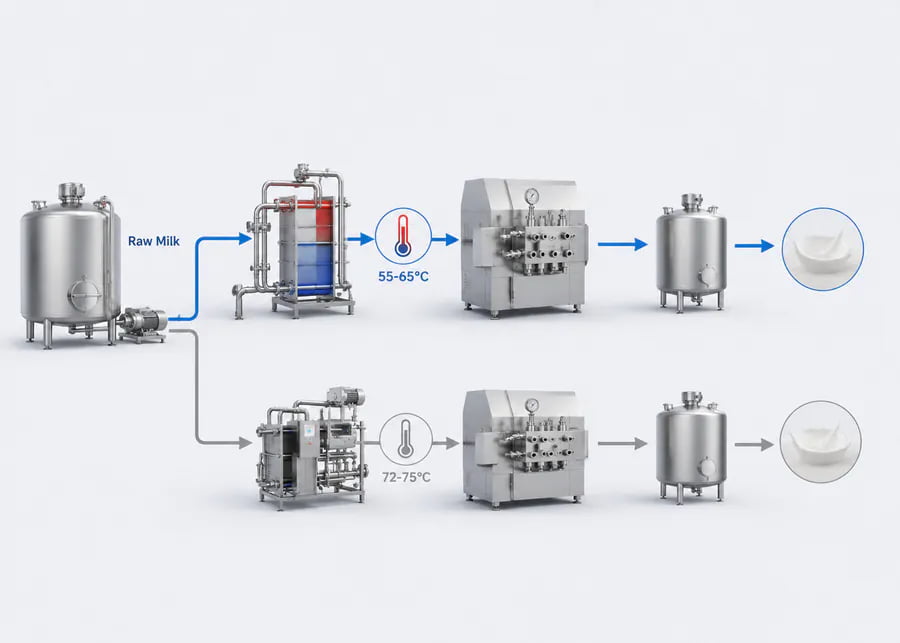 Dairy Milk Processing Pathways Comparison Flowchart comparing standard milk preheating at 55-65°C versus pasteurization-first processing pathways before homogenization