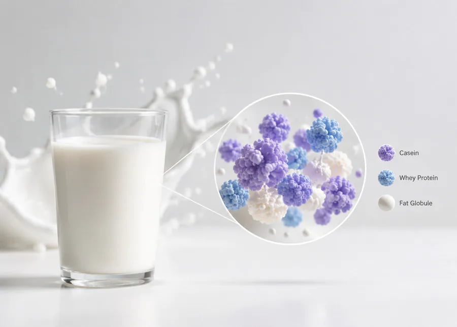 A glass of high-protein milk next to a diagram of protein molecules