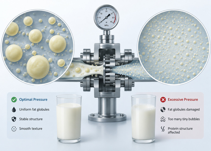Microscopic view of milk fat globules under optimal vs excessive homogenizer pressure