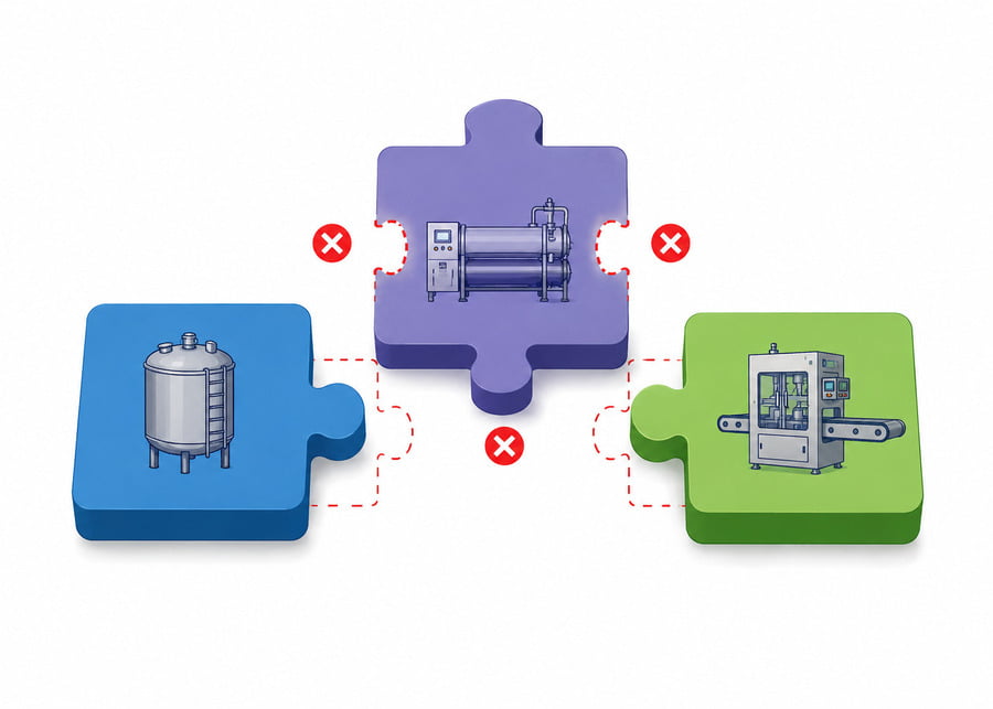 Incompatible Equipment Parts Incompatible dairy equipment parts showing an isolated cooling tank, pasteurizer, and packaging machine as mismatched puzzle pieces