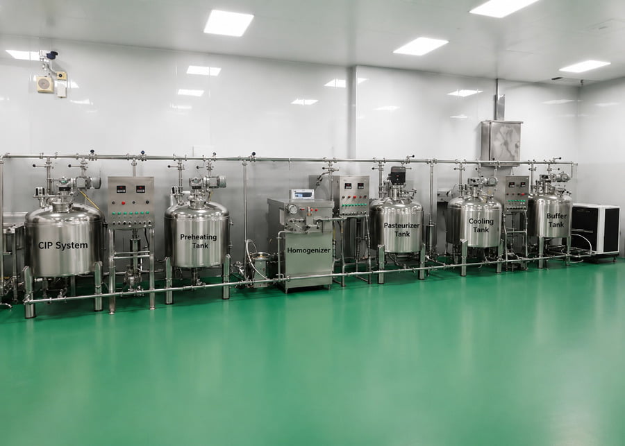 Integrated Dairy Processing Line Flow Complete integrated dairy processing line featuring CIP system, preheating tank, homogenizer, and batch pasteurizer