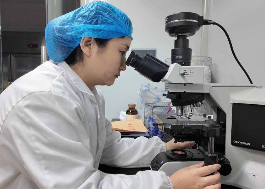Technician analyzing raw milk quality under microscope in a dairy processing laboratory