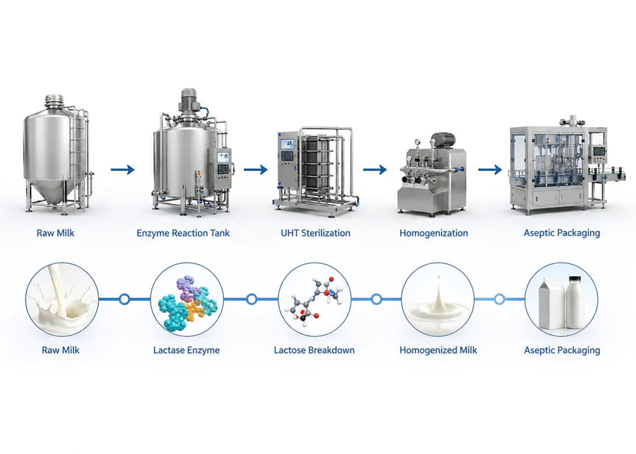 Complete dairy production line flowchart for lactose-free pet milk, featuring enzyme reaction tanks, UHT plate units, homogenizers, and aseptic packaging equipment.