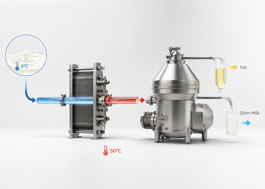 3D diagram showing raw milk pre-heating through a plate heat exchanger to 50°C before entering a centrifugal separator for skimming and clarification