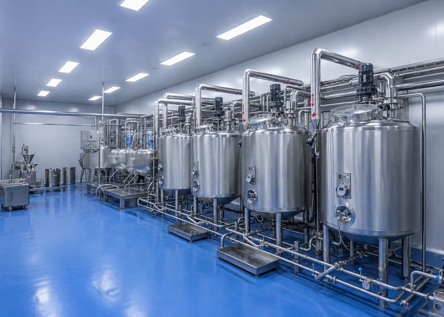 Modern sanitary yogurt processing facility featuring stainless steel fermentation tanks and automated piping system