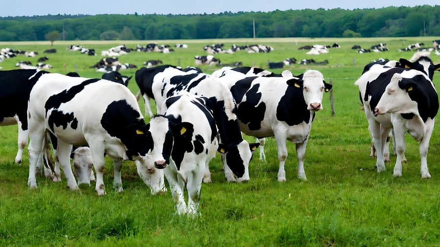 Outdoor pasture dairy farm in Waikato New Zealand using smart ear tags for cattle health monitoring.