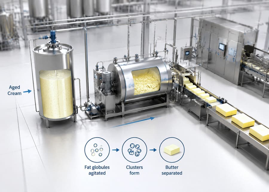 NexAgri 3D engineering layout of an industrial butter production line showing churning and packaging stages