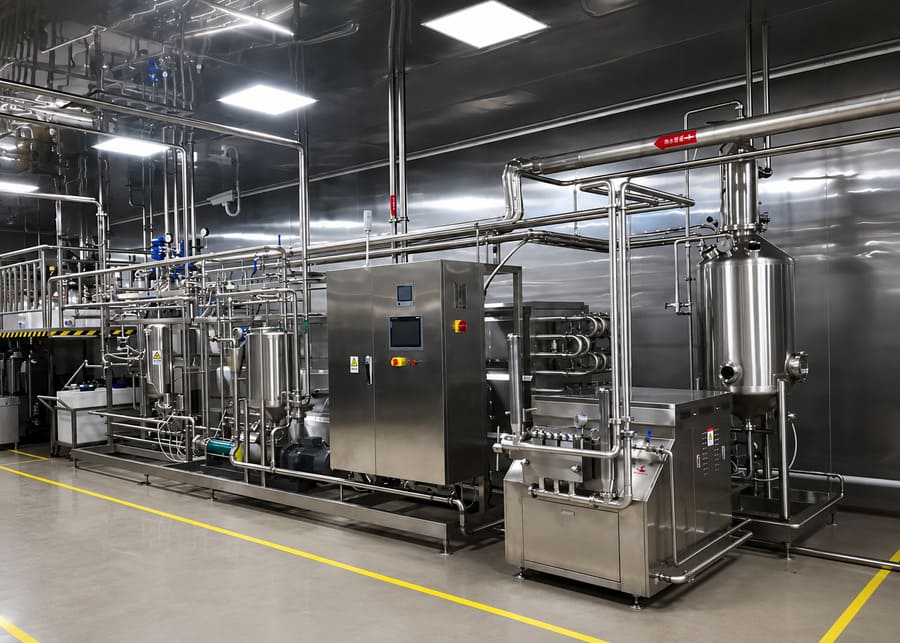 Photo of a stainless steel dairy processing plant with tanks and pipes