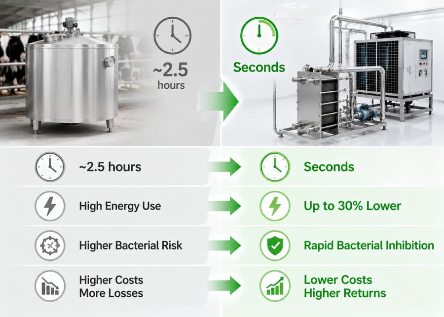 Cost-Benefit Analysis: Traditional vs. Rapid Milk Cooling Technology Infographic comparing traditional cooling vs rapid cooling, highlighting energy savings, faster temperature drop, and dairy farm investment return