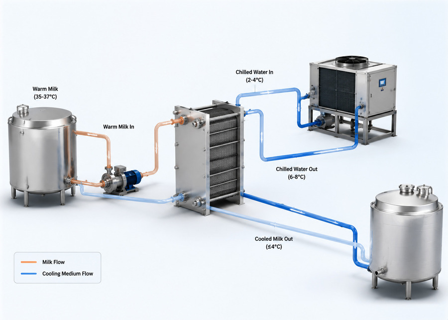 Two-Stage Milk Cooling Process Diagram showing a two-stage milk cooling process
