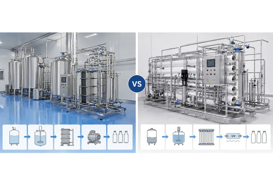 Side-by-side comparison of a standard milk processing line and an advanced lactose-free pet milk production line featuring membrane filtration and temperature-controlled batch type enzyme reaction tanks.