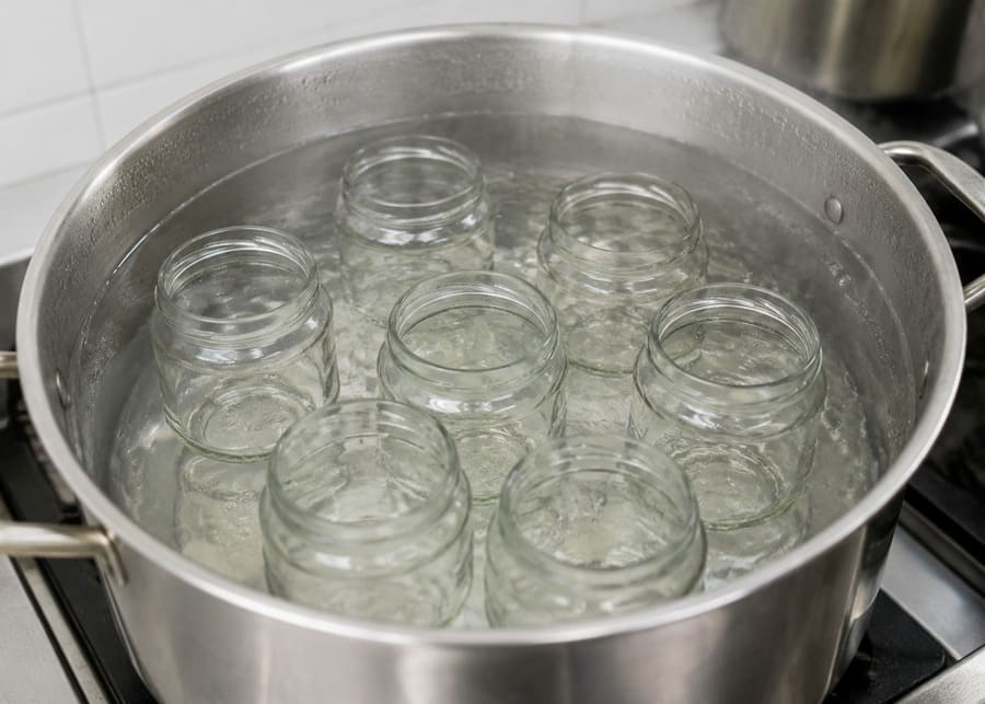 Glass jars boiling in a stainless steel pot for sterilization to prevent bacterial contamination in yogurt.