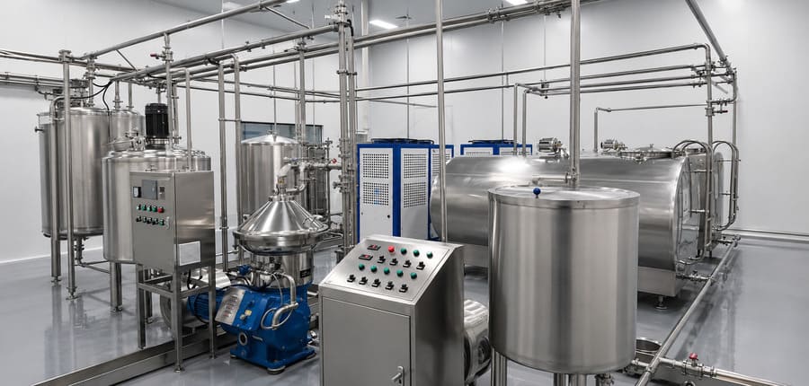 Complete 10,000L per day turnkey dairy processing facility with pasteurization unit and CIP piping grid