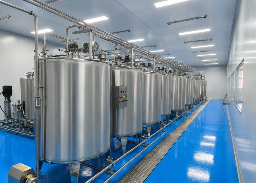 Industrial stainless steel processing and fermentation tanks line in a sanitary dairy plant