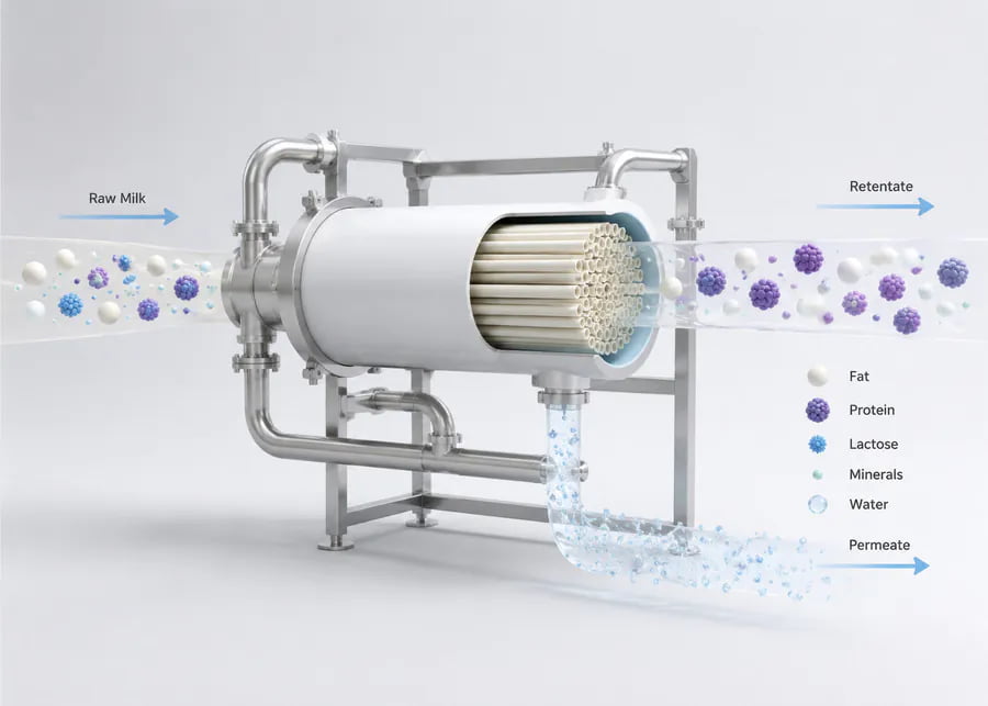 Diagram of an ultrafiltration membrane system separating milk components