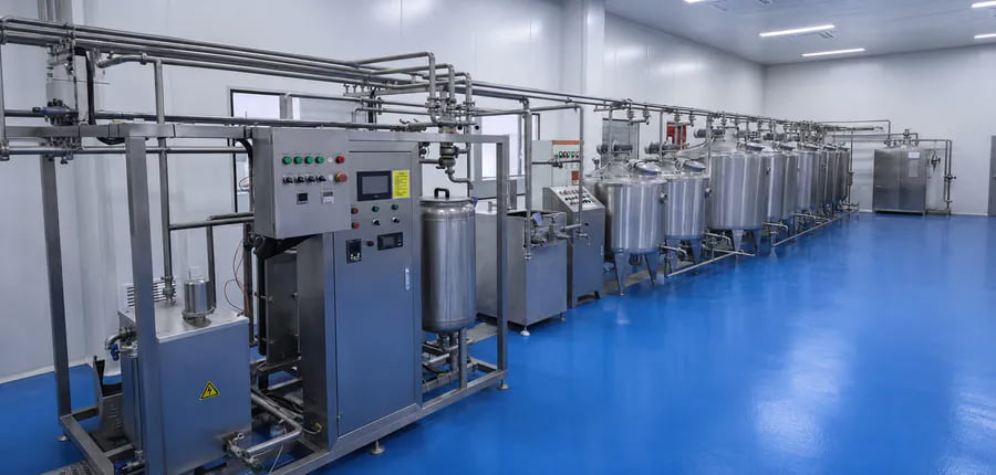 Automatic yogurt processing line with temperature-controlled fermentation tanks and piping system.