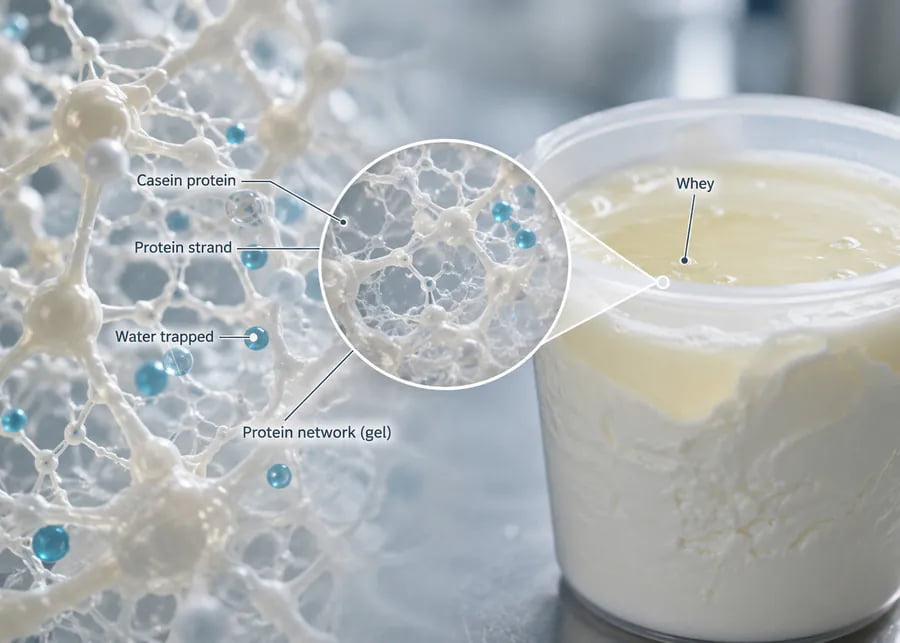 Infographic showing yogurt casein protein gel network vs syneresis