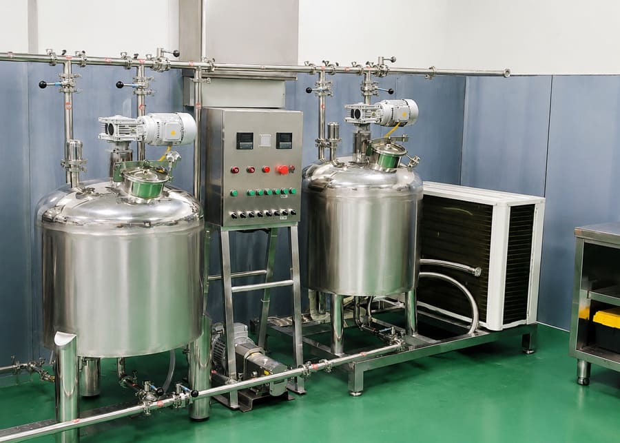 Commercial Yogurt Production Stainless steel pasteurization, fermentation, and cooling tanks in a yogurt production facility