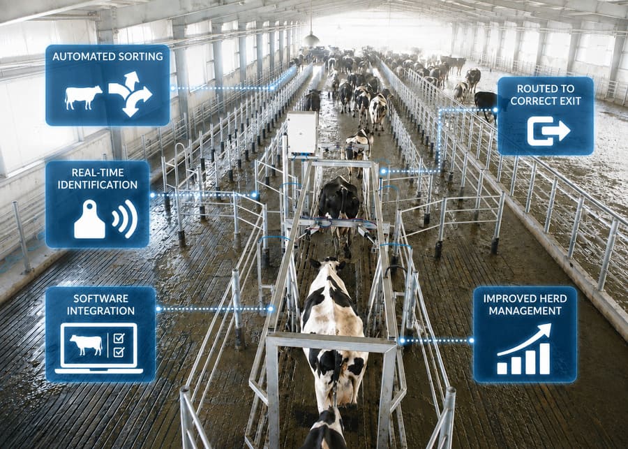 Top-down view of automated dairy cow sorting gate connected to herd management software in a large barn