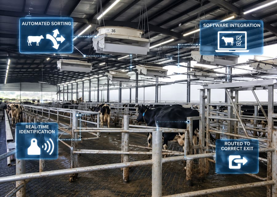 Conceptual diagram showing how herd management software, RFID identification, and automated sorting gates work together in a dairy barn