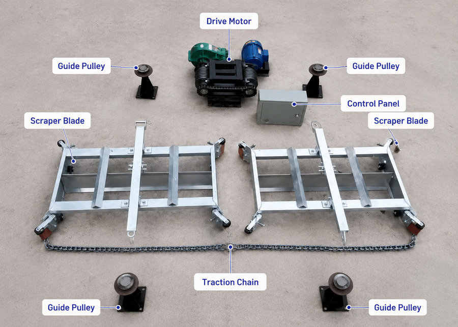 Labeled components of a chain-driven barn manure scraper including drive motor, control panel, and blades