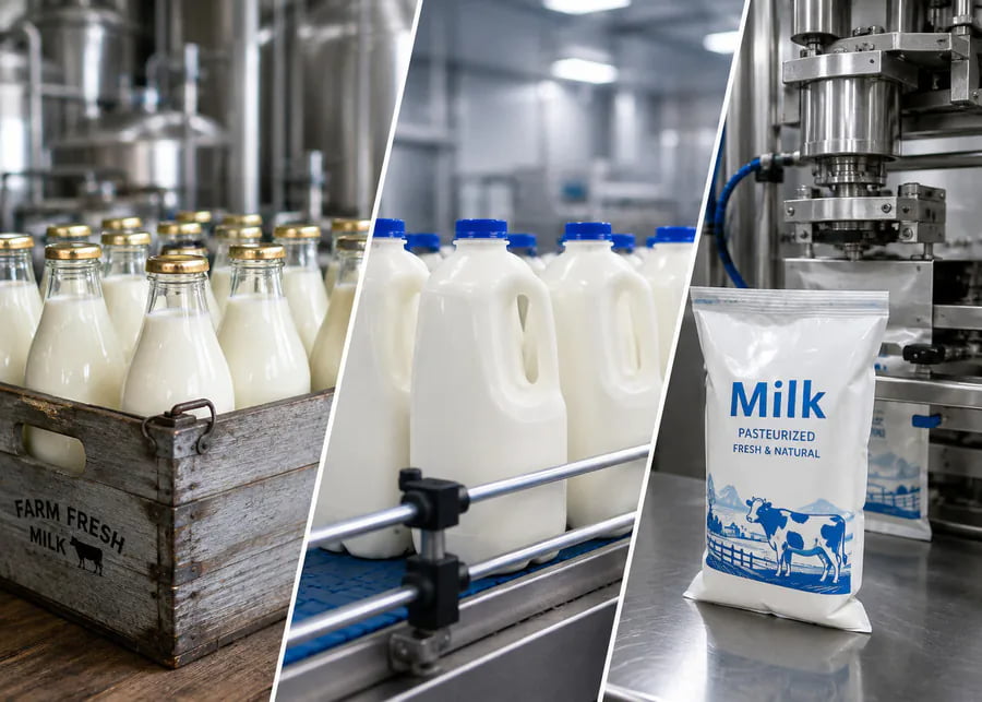 Comparison of glass bottles, plastic bottles, and pouch packaging formats for small dairy farm pasteurized milk