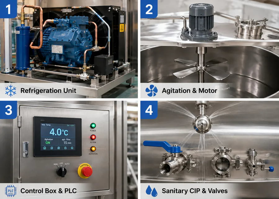 Bulk milk cooler essential components including refrigeration condensing unit agitator motor PLC control panel and CIP spray ball
