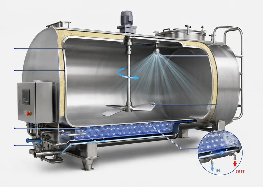 Bulk milk cooler cutaway diagram showing dimple plate evaporator agitator and polyurethane insulation