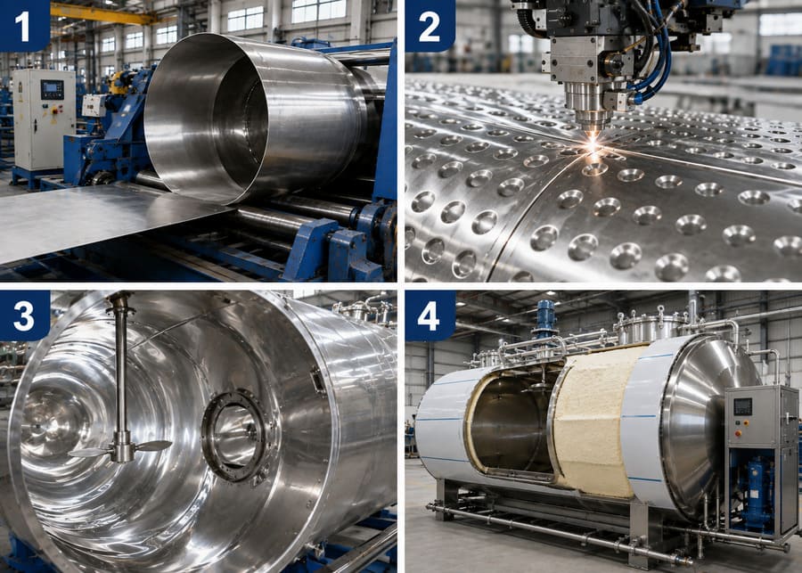 Bulk milk cooler 4-step manufacturing process showing CNC rolling laser dimple jacket welding sanitary polishing and final assembly