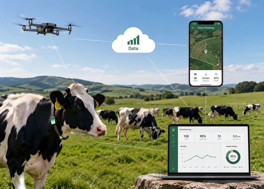 Precision livestock monitoring system for grazing dairy cattle, showing a cow wearing an NexAgri-Guard smart collar, drone data collection, and a remote herd management dashboard.