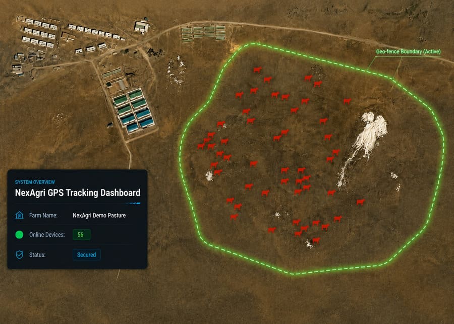 IMAGE PLACEHOLDER: Commercial cattle herd utilizing GPS tracking collars and smart ear tags during rotational grazing in virtual paddocks