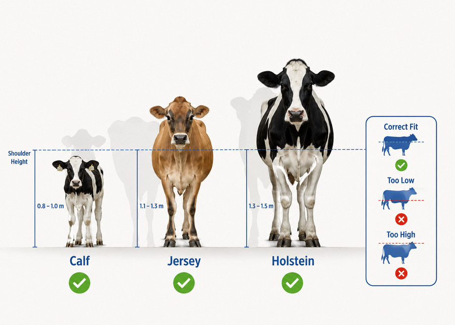 Dairy cattle shoulder height comparison for Calf, Jersey, and Holstein headlock sizing