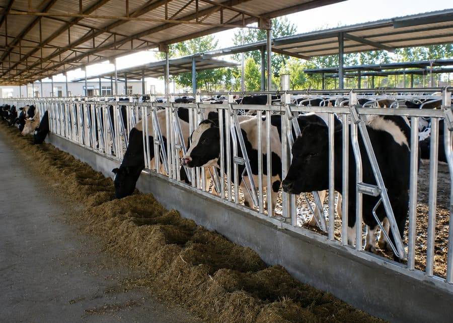 Holstein dairy cows secured in automatic self-locking cattle headlocks along a feed bunk