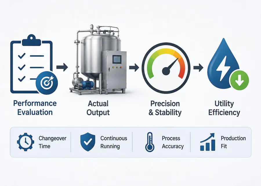 Dairy equipment supply performance evaluation framework covering actual output, precision stability, utility efficiency, and continuous running checks