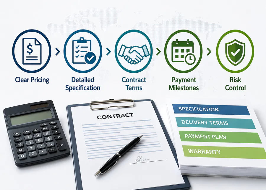Dairy equipment supply contract risk control guide showing clear pricing comparison, detailed technical specification, Incoterms delivery terms, payment milestones, and warranty protection