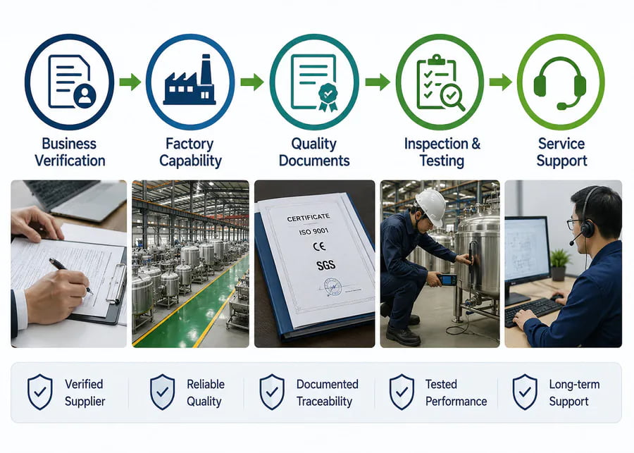 Dairy equipment supplier qualification and factory audit process covering business verification, manufacturing capability, quality certificates ISO9001 CE SGS, factory inspection testing, and technical service support