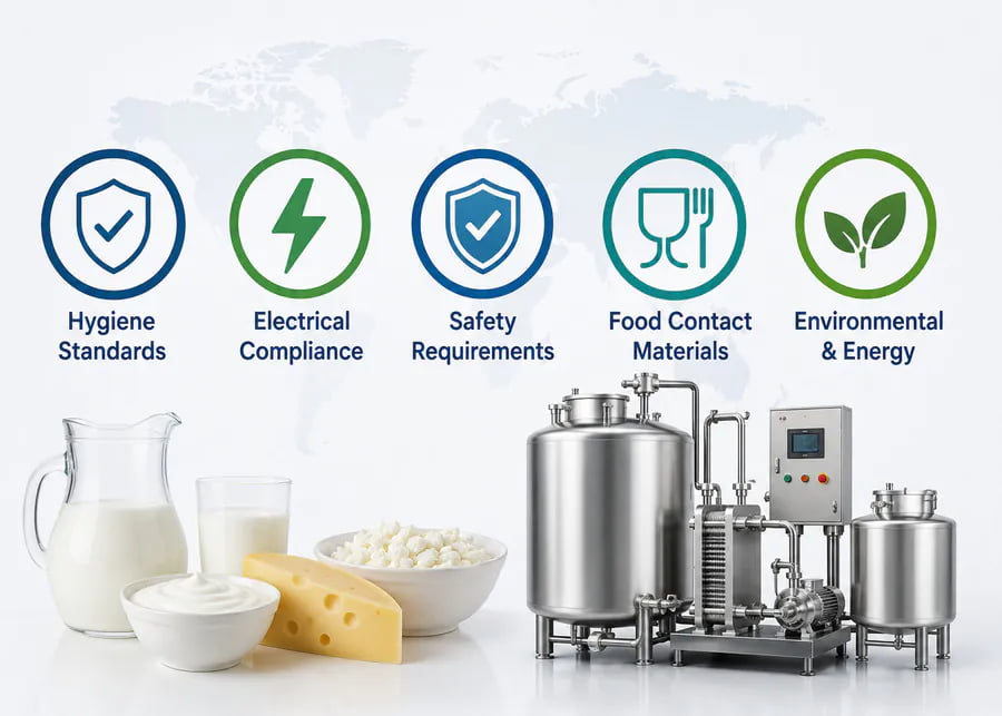 Dairy equipment compliance and process matching guide covering hygiene standards, electrical compliance 50Hz 60Hz, food contact materials, and dairy processing systems for milk, yogurt, and cheese