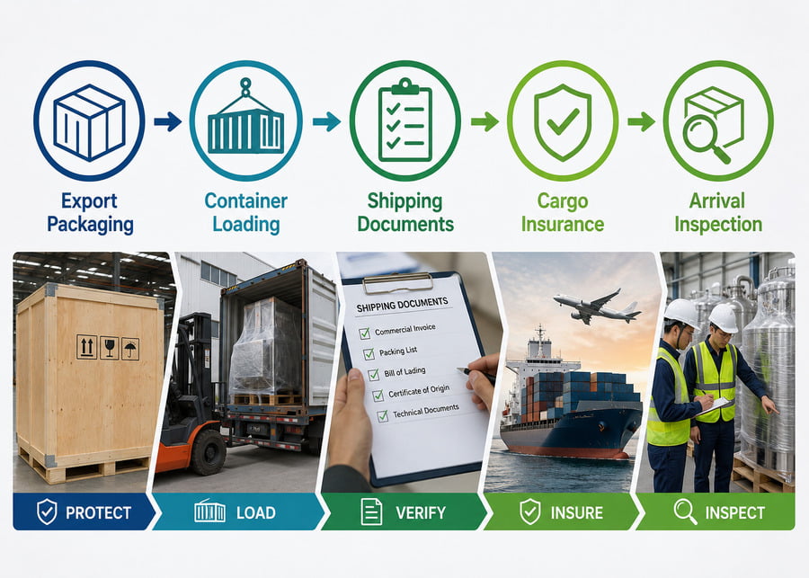 Dairy equipment export logistics guide covering seaworthy export packaging, container loading, customs shipping documents, cargo insurance, and arrival inspection