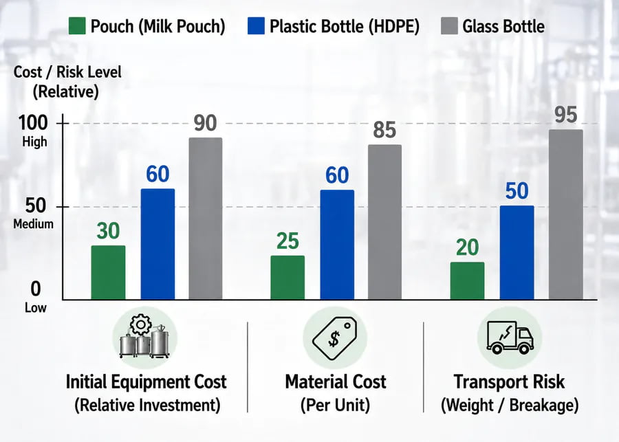 Cost comparison chart of milk pouches, plastic bottles, and glass bottles for small dairy farms
